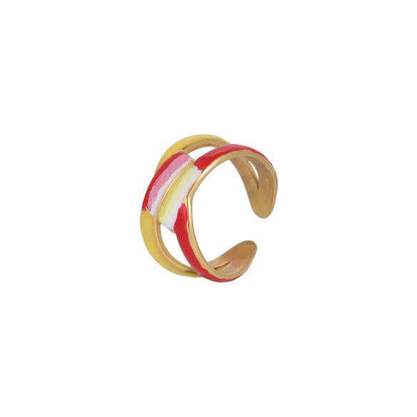 Fashion Oil Dropping Titanium Steel Open Ring With Gold Plated Leaves And Small Flower Design Jewelry