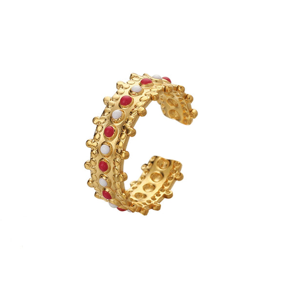 Fashion Oil Dropping Titanium Steel Open Ring With Gold Plated Leaves And Small Flower Design Jewelry