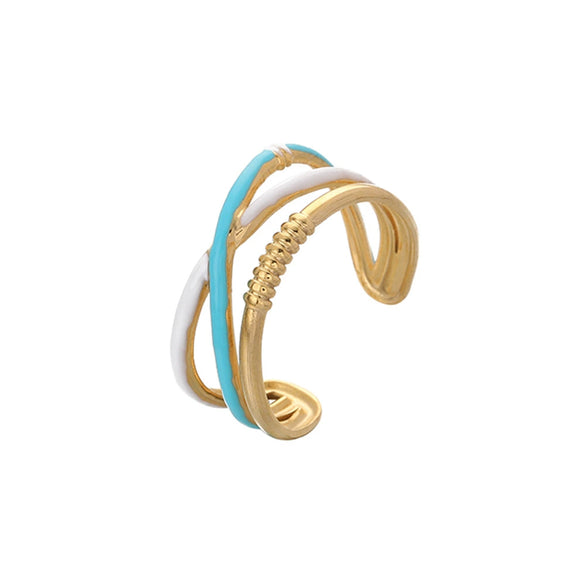 Fashion Oil Dropping Titanium Steel Open Ring With Gold Plated Leaves And Small Flower Design Jewelry