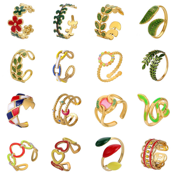 Fashion Oil Dropping Titanium Steel Open Ring With Gold Plated Leaves And Small Flower Design Jewelry