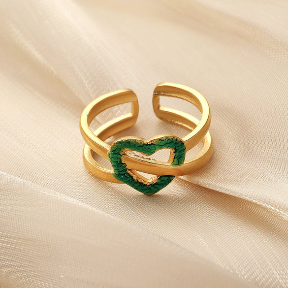 Fashion Oil Dropping Titanium Steel Open Ring With Gold Plated Leaves And Small Flower Design Jewelry