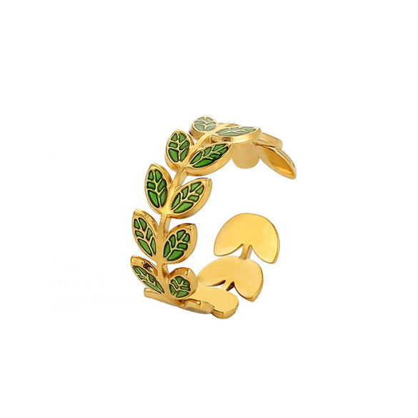 Fashion Oil Dropping Titanium Steel Open Ring With Gold Plated Leaves And Small Flower Design Jewelry
