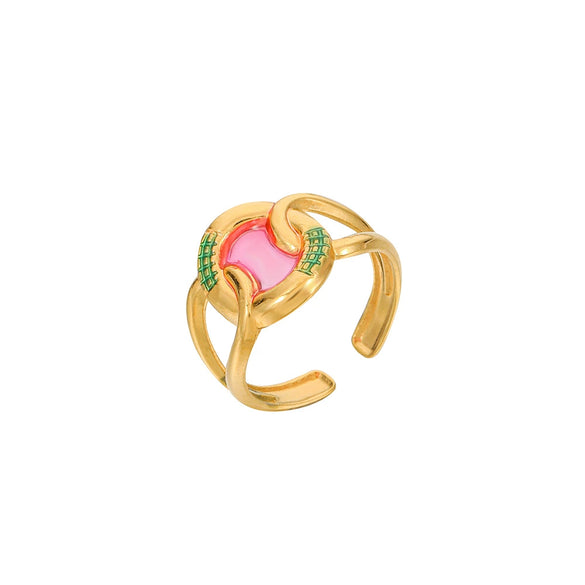 Fashion Oil Dropping Titanium Steel Open Ring With Gold Plated Leaves And Small Flower Design Jewelry