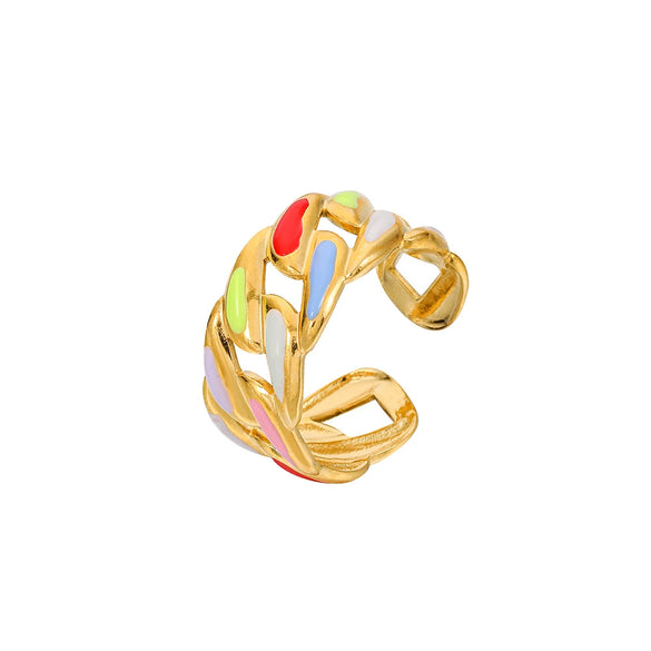 Fashion Oil Dropping Titanium Steel Open Ring With Gold Plated Leaves And Small Flower Design Jewelry