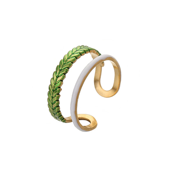 Fashion Oil Dropping Titanium Steel Open Ring With Gold Plated Leaves And Small Flower Design Jewelry