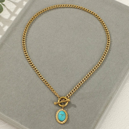 Fashion Oval Stainless Steel Plating Turquoise Pendant Necklace 1 Piece