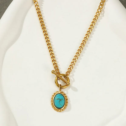 Fashion Oval Stainless Steel Plating Turquoise Pendant Necklace 1 Piece