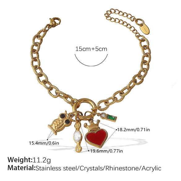 Fashion Owl Red Love Oil Dripping Crown Style Freshwater Pearl 316L Stainless Steel Alloy Marine Life Pattern Electroplated Bracelet For Women