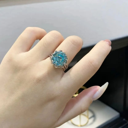 Fashion Paraiba Blue-green Diamond Ring Lotus Copper Opening Ring