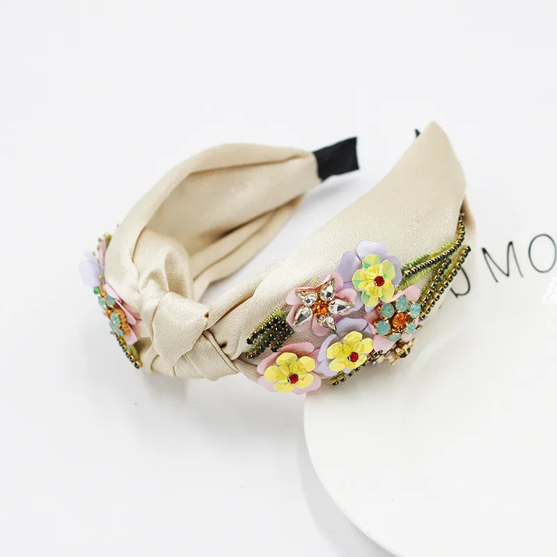 Fashion Pastoral Fabric Cross Inlaid Flowers Rhinestone Headband