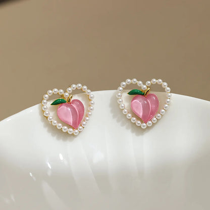 Fashion Peach Women Cute Pearl Hearth-shaped Alloy Stud Earrings