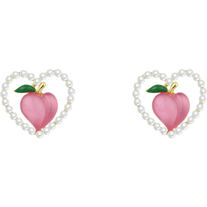 Fashion Peach Women Cute Pearl Hearth-shaped Alloy Stud Earrings