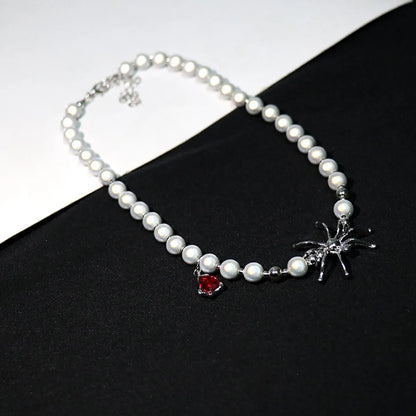 Fashion Pearl Alloy Spider Shaped Ruby Pendant Clavicle Necklace Earrings Set