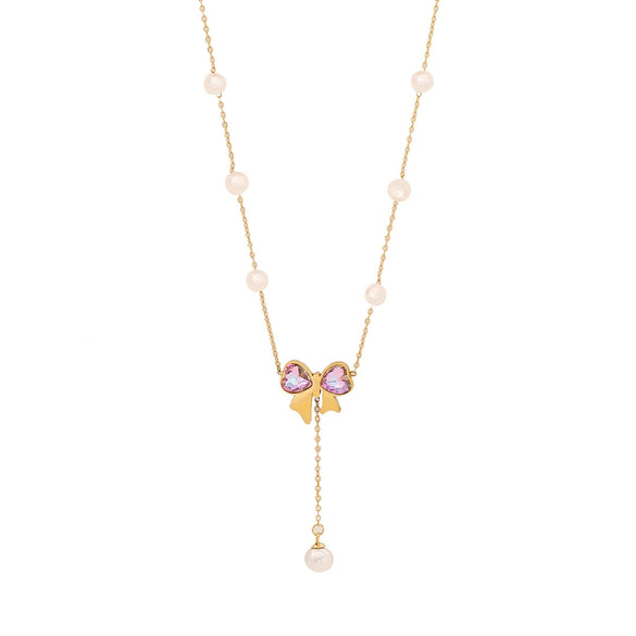 Fashion Pearl Bow Stainless Steel Necklace Suit With Snake Bone Chain And Electroplating Design