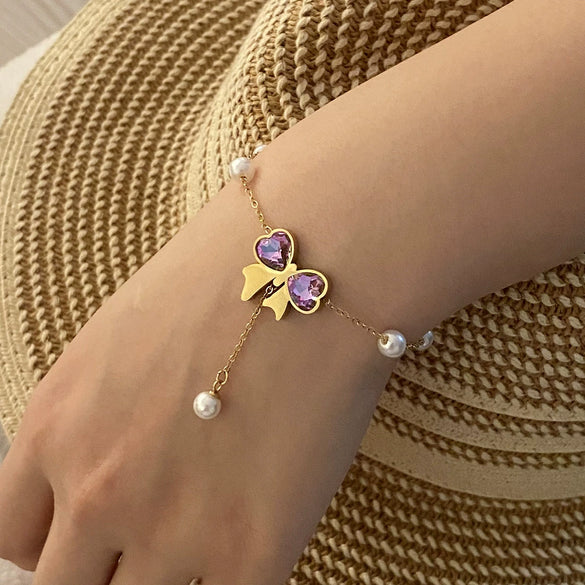 Fashion Pearl Bow Stainless Steel Necklace Suit With Snake Bone Chain And Electroplating Design