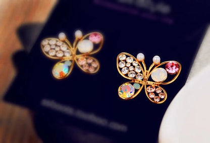 Fashion Pearl Butterfly Hollow Color Diamond Stud Earrings Nhdp155659