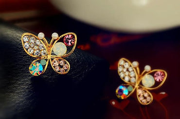 Fashion Pearl Butterfly Hollow Color Diamond Stud Earrings Nhdp155659