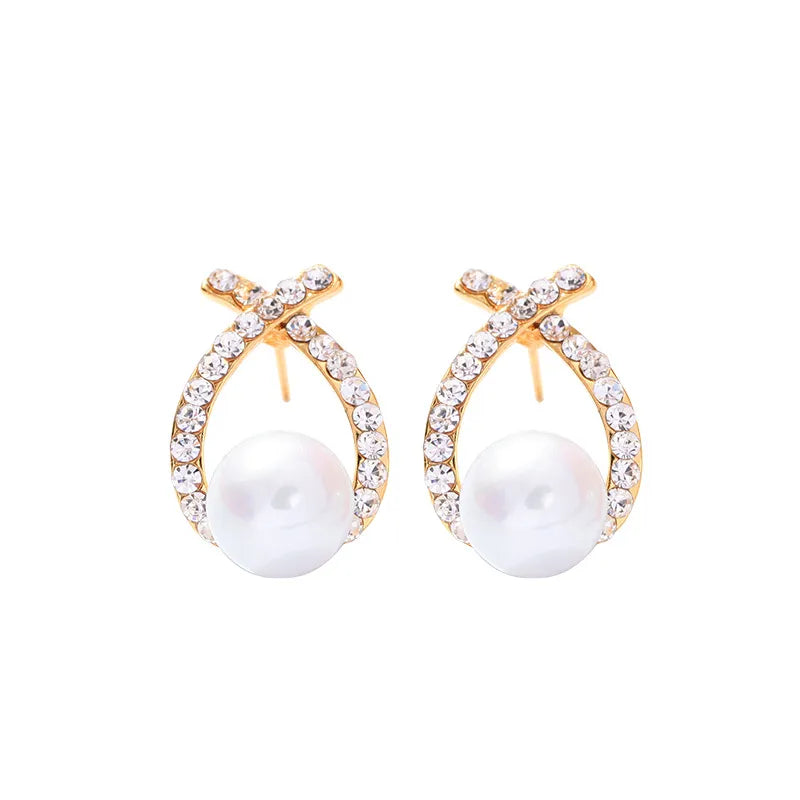 Fashion Pearl Cross Diamond Stud Earrings Wholesale