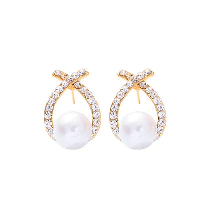 Fashion Pearl Cross Diamond Stud Earrings Wholesale