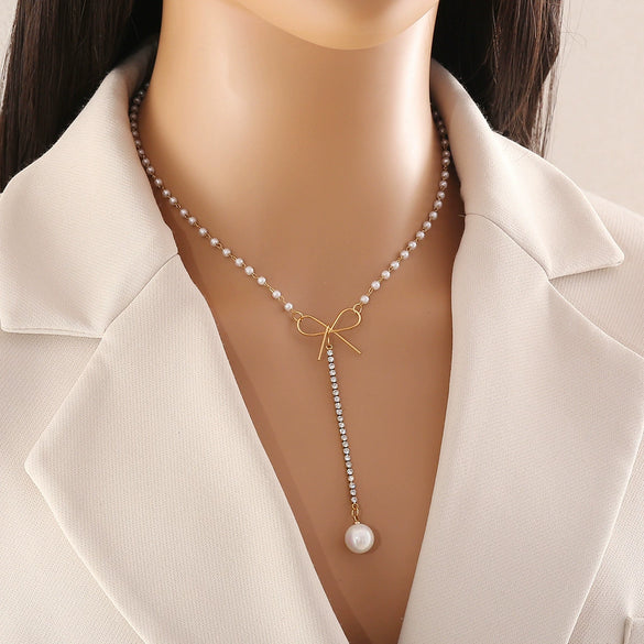 Fashion Pearl Double Chain Temperament Stainless Steel Clavicle Necklace With Blade Chain And Electroplating