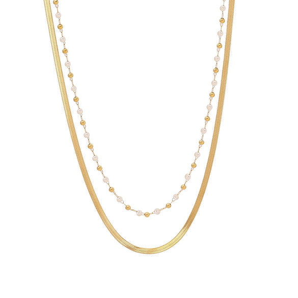 Fashion Pearl Double Chain Temperament Stainless Steel Clavicle Necklace With Blade Chain And Electroplating