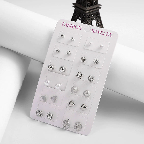 Fashion Pearl Flash Diamond Zircon Earrings Electroplated Geometric Alloy Ear Studs 12 Pairs Combination Suit Wholesale