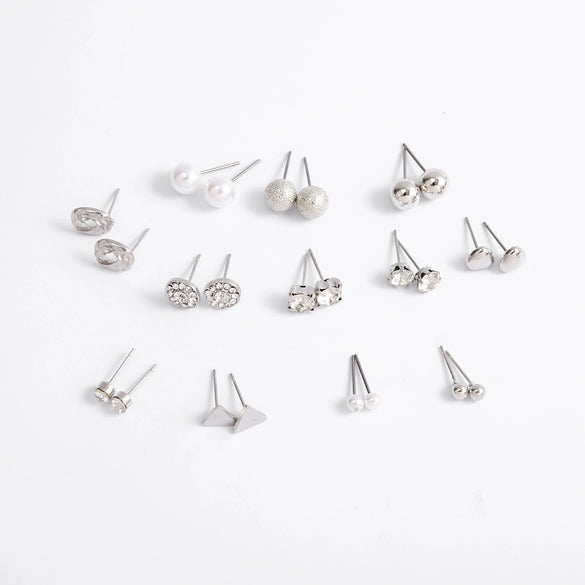 Fashion Pearl Flash Diamond Zircon Earrings Electroplated Geometric Alloy Ear Studs 12 Pairs Combination Suit Wholesale