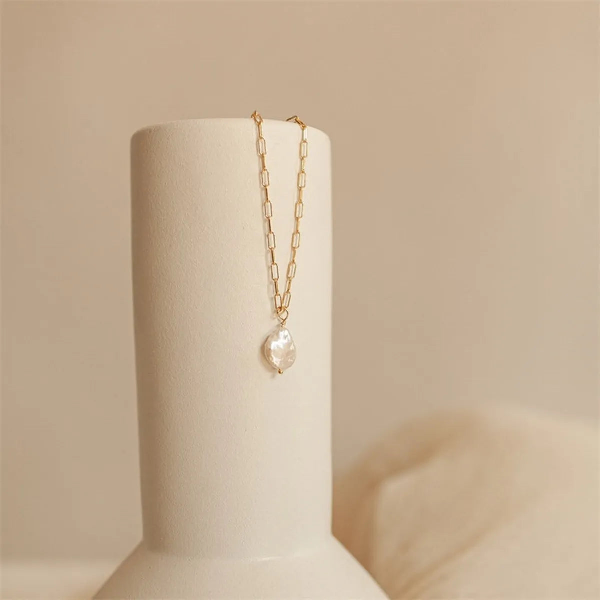 Fashion Pearl Paper Clip Necklace Simple Copper Plated 14k Gold Necklace