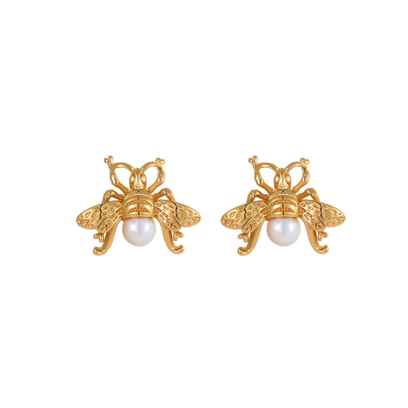 Fashion Pearl Series Stainless Steel Women's Earrings With Insect And Geometric Patterns Electroplated 18K Gold Retro Design