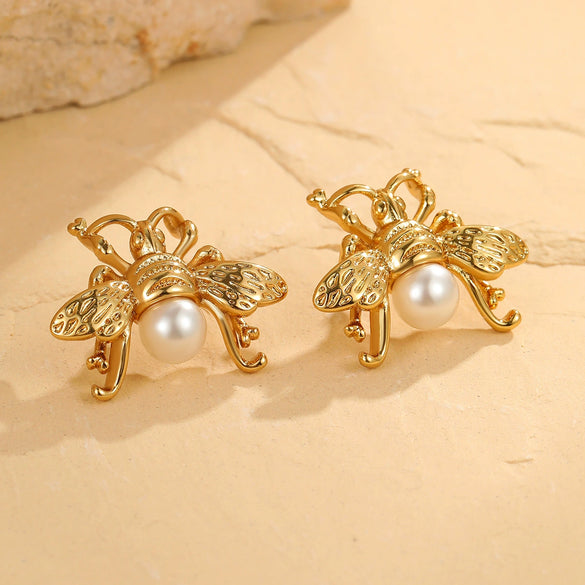 Fashion Pearl Series Stainless Steel Women's Earrings With Insect And Geometric Patterns Electroplated 18K Gold Retro Design