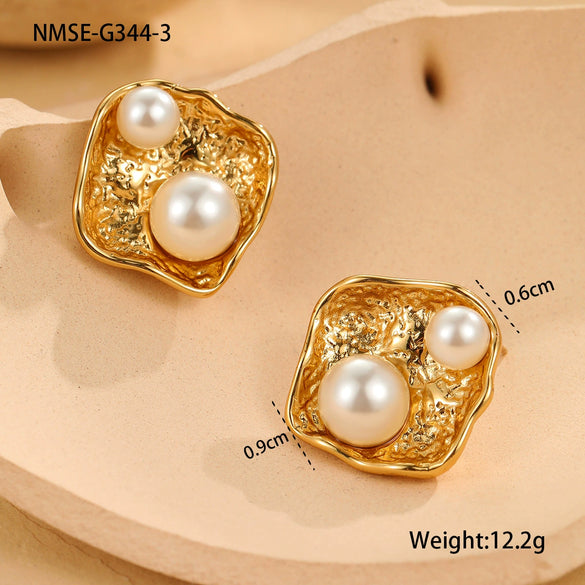 Fashion Pearl Series Stainless Steel Women's Earrings With Insect And Geometric Patterns Electroplated 18K Gold Retro Design