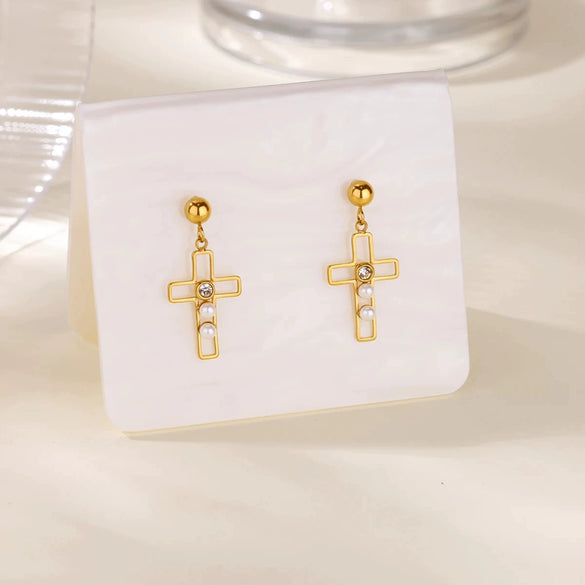 Fashion Pearl Zircon Titanium Steel Geometric Earrings 18K Gold Plated Electroplated For Women
