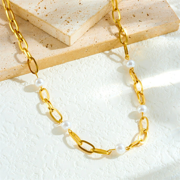 Fashion Personality Cross Chain Pearl Jewelry Necklace Stainless Steel Goldplated