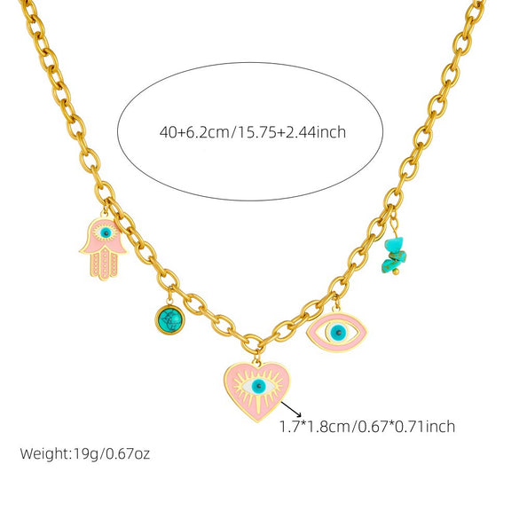 Fashion Personality Drop Oil Pink Love Eyes Blue Pine Stone Pendant Stainless Steel Necklace Earrings Bracelet Suit With Electroplating Love Water Drops Bells Pattern