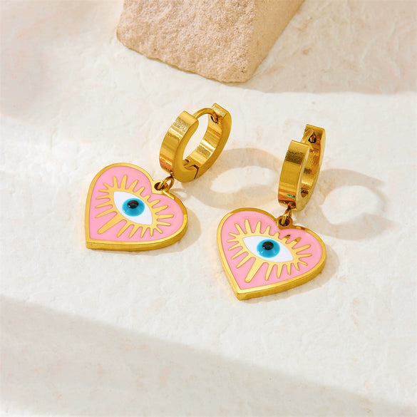 Fashion Personality Drop Oil Pink Love Eyes Blue Pine Stone Pendant Stainless Steel Necklace Earrings Bracelet Suit With Electroplating Love Water Drops Bells Pattern