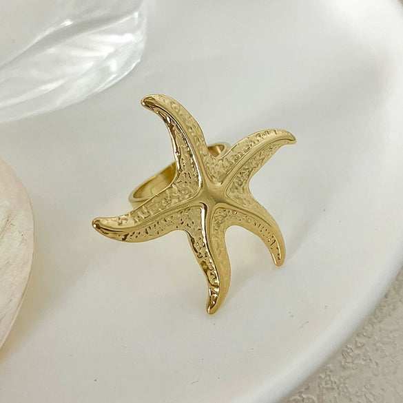 Fashion Personality Exaggerated Retro Starfish Stainless Steel Adjustable Open Ring With Electroplating