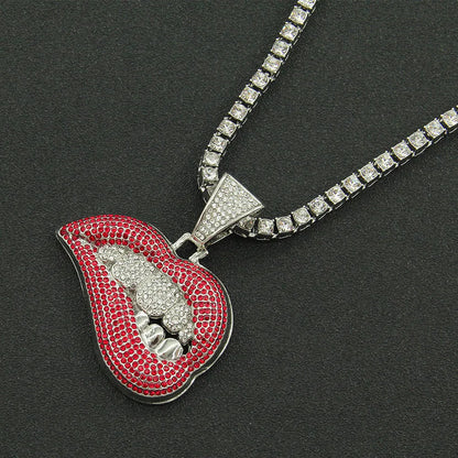 Fashion Personality Pink Lip Diamond Pendant Necklace