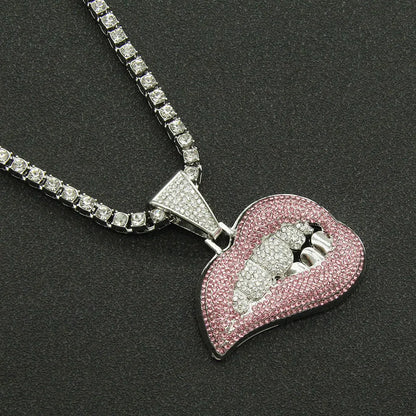 Fashion Personality Pink Lip Diamond Pendant Necklace