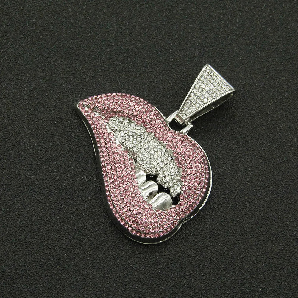 Fashion Personality Pink Lip Diamond Pendant Necklace