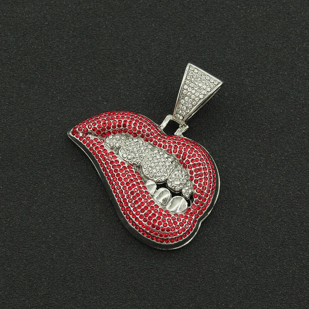 Fashion Personality Pink Lip Diamond Pendant Necklace