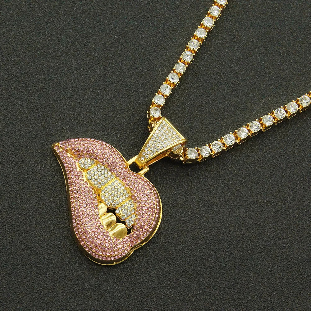 Fashion Personality Pink Lip Diamond Pendant Necklace