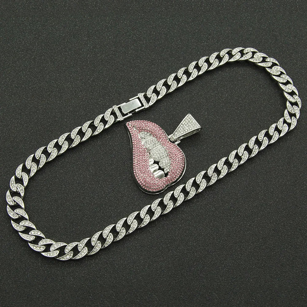 Fashion Personality Pink Lip Diamond Pendant Necklace