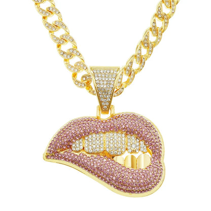 Fashion Personality Pink Lip Diamond Pendant Necklace