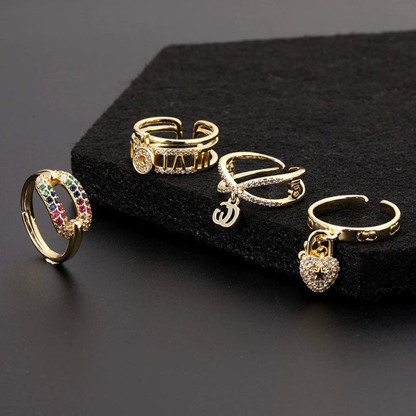 Fashion Personality Ring Copper Electroplated With Colorful Zircon Heart Lock Fishtail And Animal Zodiac Pattern