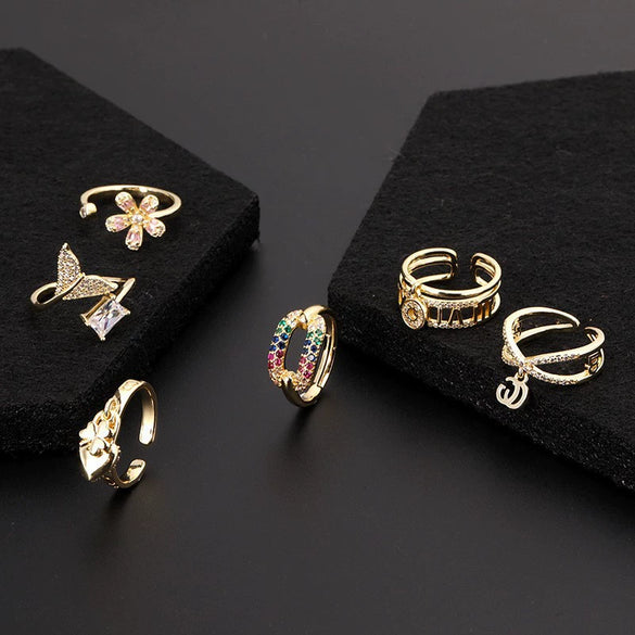 Fashion Personality Ring Copper Electroplated With Colorful Zircon Heart Lock Fishtail And Animal Zodiac Pattern