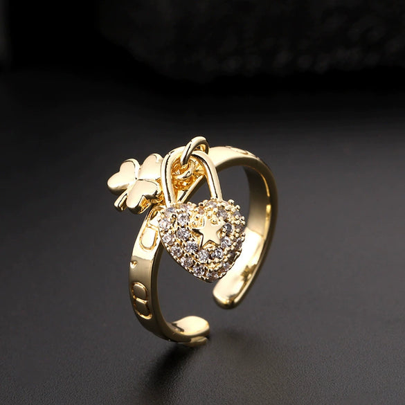 Fashion Personality Ring Copper Electroplated With Colorful Zircon Heart Lock Fishtail And Animal Zodiac Pattern