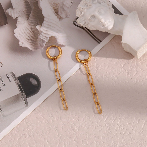 Fashion Personality Simple Popular Stainless Steel Earrings 18K Gold Plated With Geometric Long Pclip Chain And Gold Inlaid Design