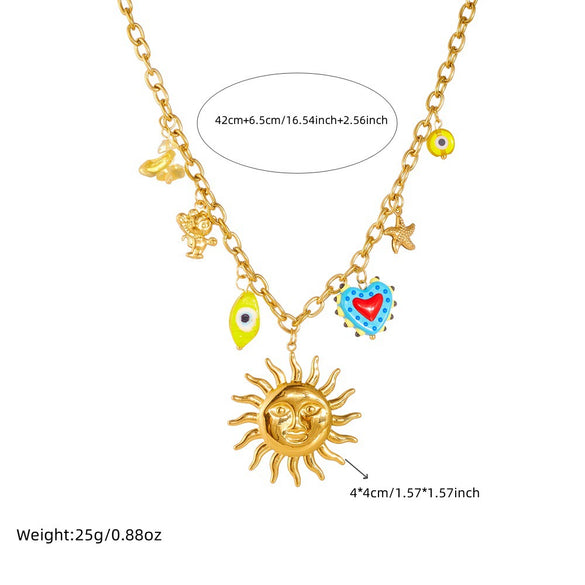 Fashion Personality Trend Cartoon Heart Eyes Face Sun Stainless Steel Gold Plated Necklace