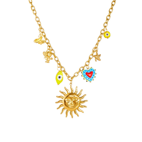 Fashion Personality Trend Cartoon Heart Eyes Face Sun Stainless Steel Gold Plated Necklace
