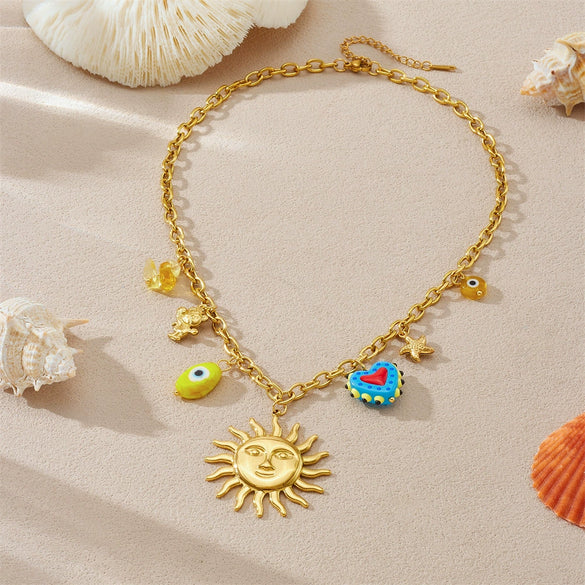 Fashion Personality Trend Cartoon Heart Eyes Face Sun Stainless Steel Gold Plated Necklace